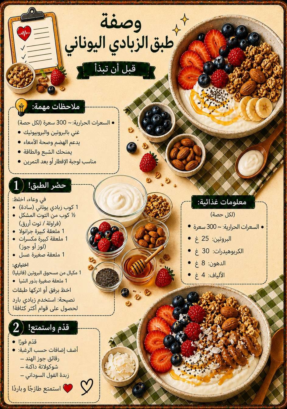 طبق الزبادي اليوناني بالتوت والمكسرات